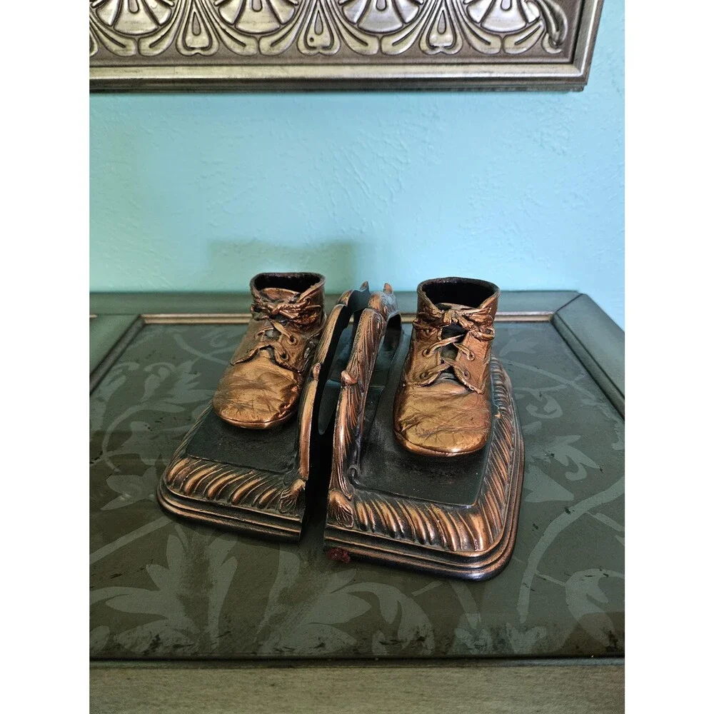 Vintage Copper Color Cast Iron Book Ends Bronze Tone Pair Of Baby Shoes Bookends